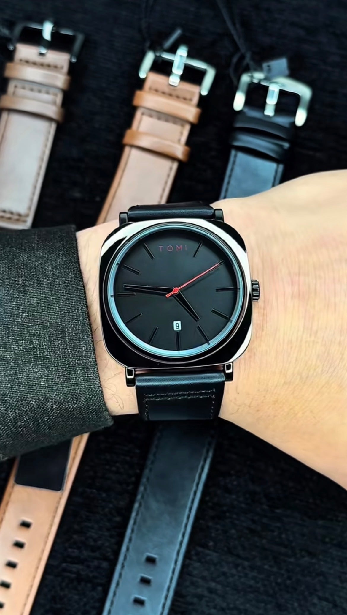 TOMI Square Dial Premium Leather Strap Watch – Black Dial | Elegant Men’s Quartz Watch