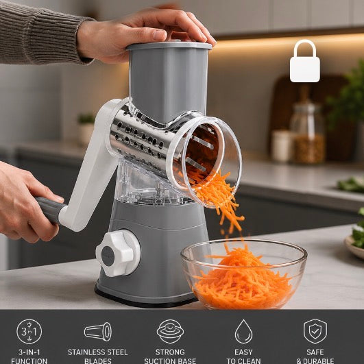 3-in-1 Multifunctional Manual Rotary Food Grater – Vegetable Slicer, Cheese Shredder & Grinder with 3 Stainless Steel Blades