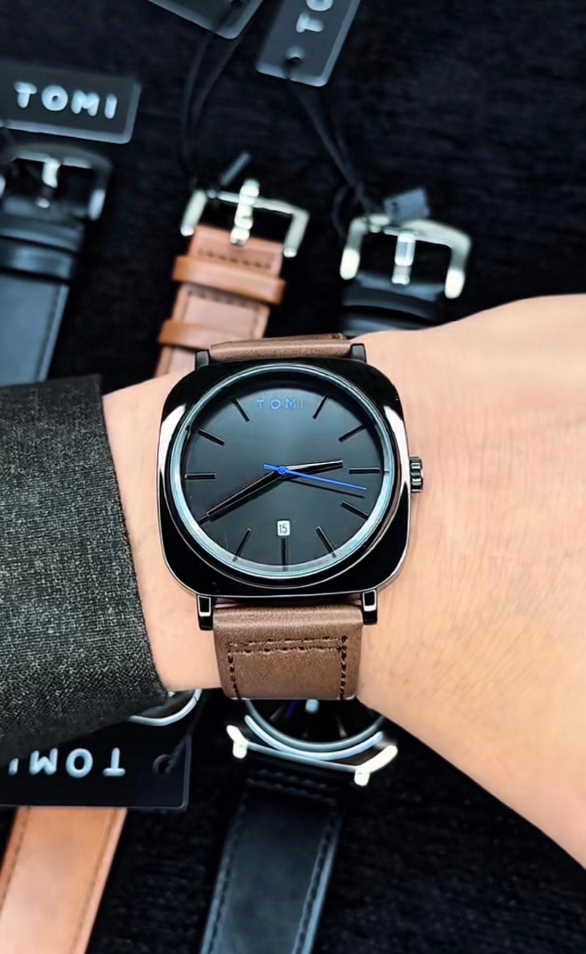 TOMI Square Dial Premium Leather Strap Watch – Black Dial | Elegant Men’s Quartz Watch