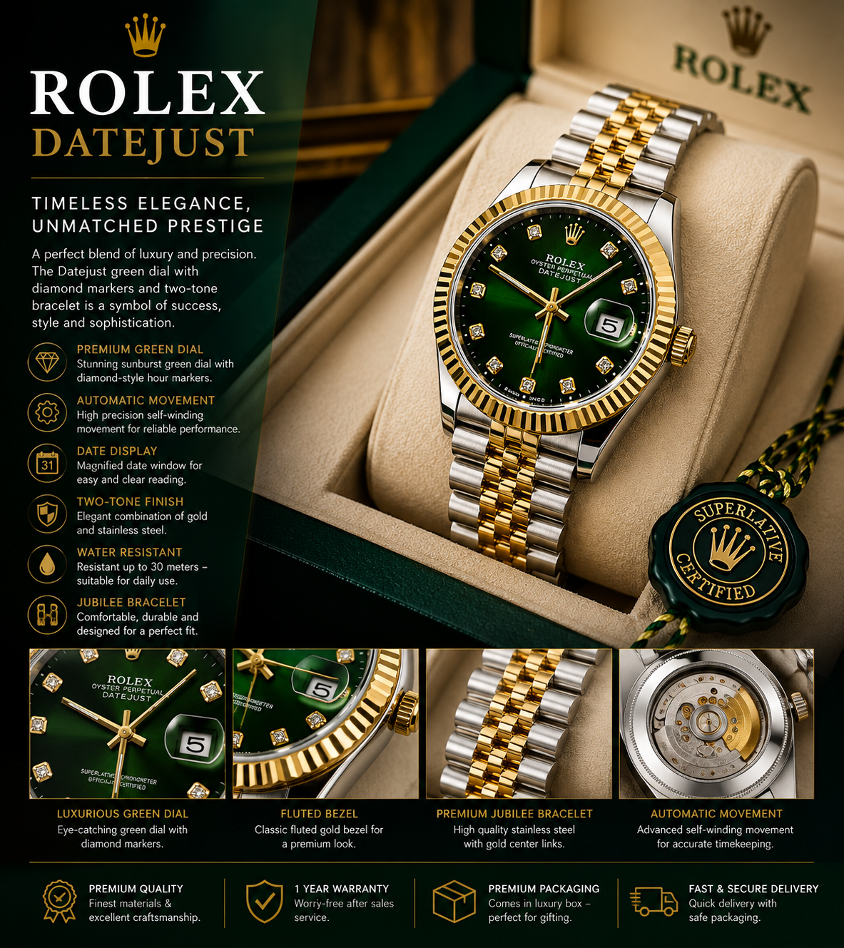 Rolex Datejust Green Dial – Two-Tone Premium Automatic Watch