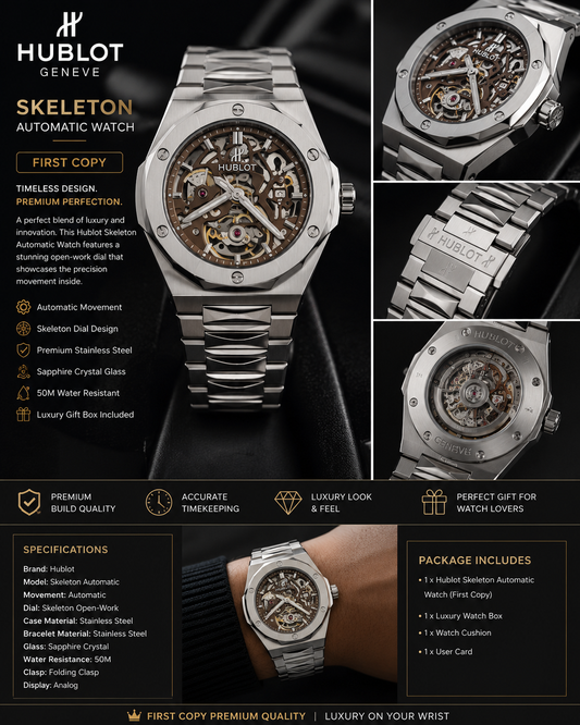 Hublot Skeleton Automatic Premium First Copy Watch – Stainless Steel Luxury Men’s Watch