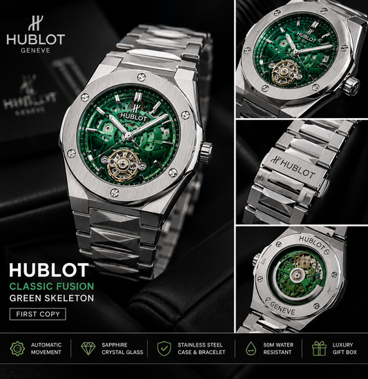 Hublot Classic Fusion Green Skeleton Premium First Copy Watch – Luxury Stainless Steel Men’s Watch