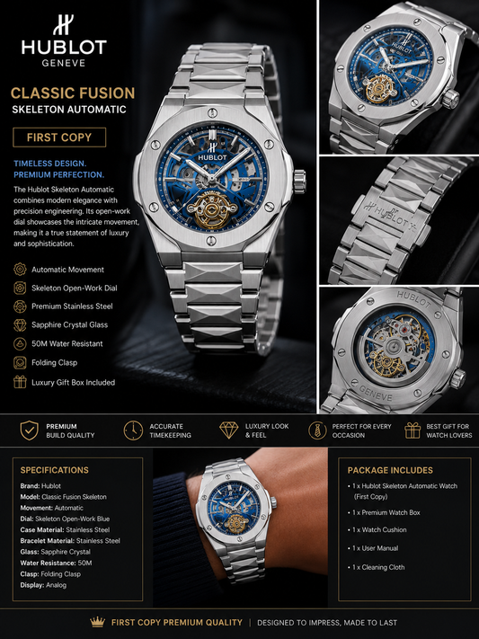 Hublot Classic Fusion Blue Skeleton Premium First Copy Watch – Luxury Stainless Steel Men’s Watch