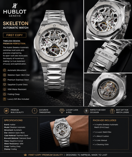 Hublot Skeleton White Dial Premium First Copy Automatic Watch – Luxury Stainless Steel Men’s Watch
