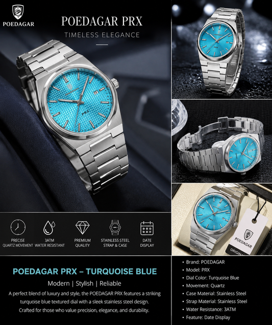POEDAGAR PRX Turquoise Blue Dial Watch – Premium Stainless Steel Luxury Quartz Watch for Men