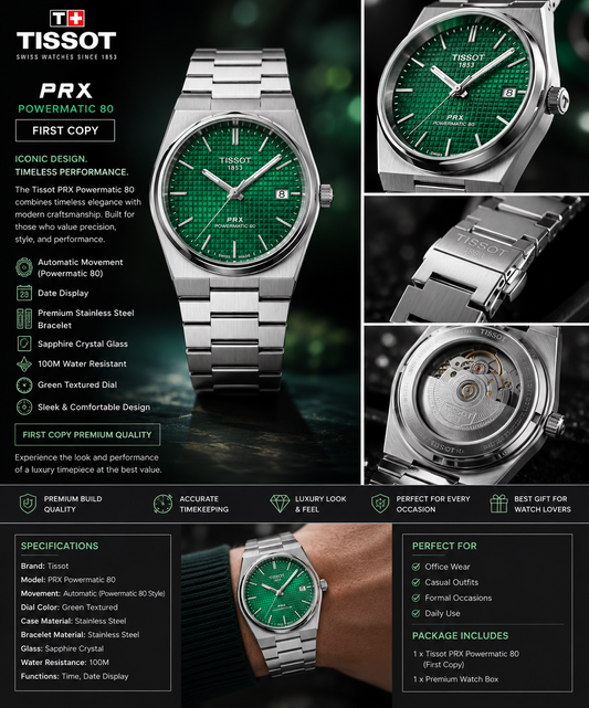 Tissot PRX Green Dial Premium First Copy Watch For Men | Stainless Steel Luxury Timepiece