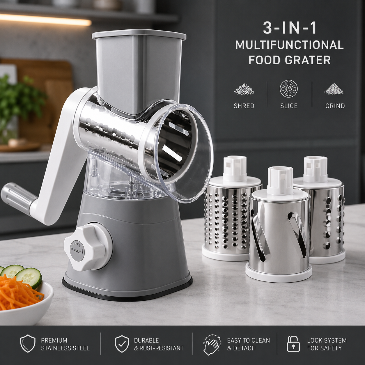 3-in-1 Multifunctional Manual Rotary Food Grater – Vegetable Slicer, Cheese Shredder & Grinder with 3 Stainless Steel Blades